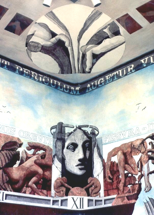 Wandkunst: Bild der Gttin Demeter im Zentrum, steinartig-ewige Starre, alt und doch modern.